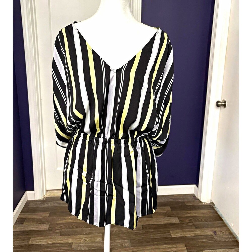 CATO Fashions Striped Blouse Size XL Black Yellow White V-Neck Tie Back Top
